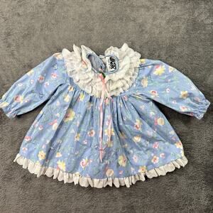 Vintage 90s JO LENE Baby Girls Dress 18 Months Lace Floral Long Sleeve USA Blue